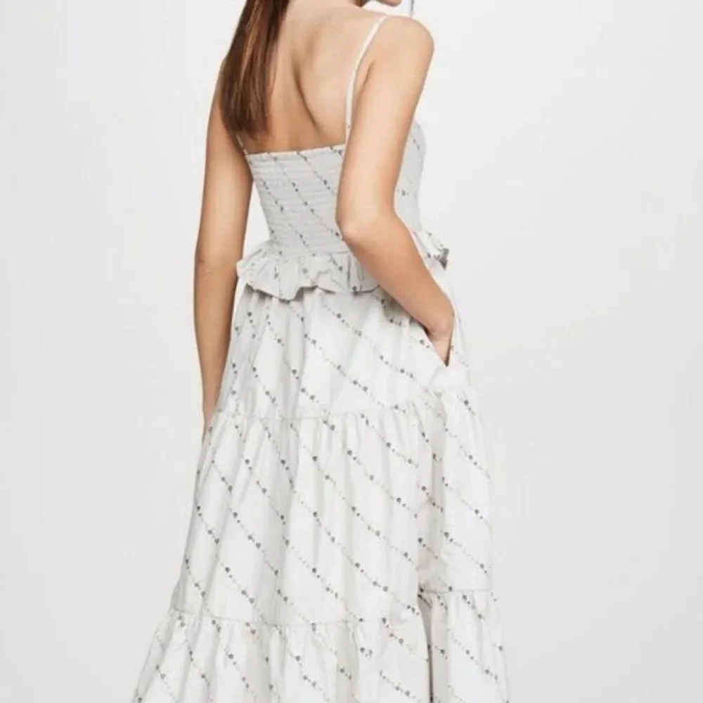 Ganni Gray Floral Print Ruffle Poplin Tiered A-line‎ Pocket Midi Sundress L